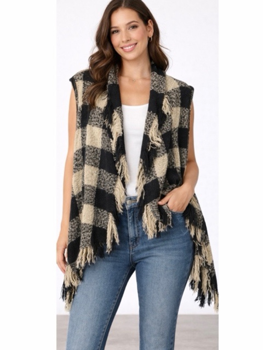 Janice Checkered Fringe Poncho Cardigan Sweater‎